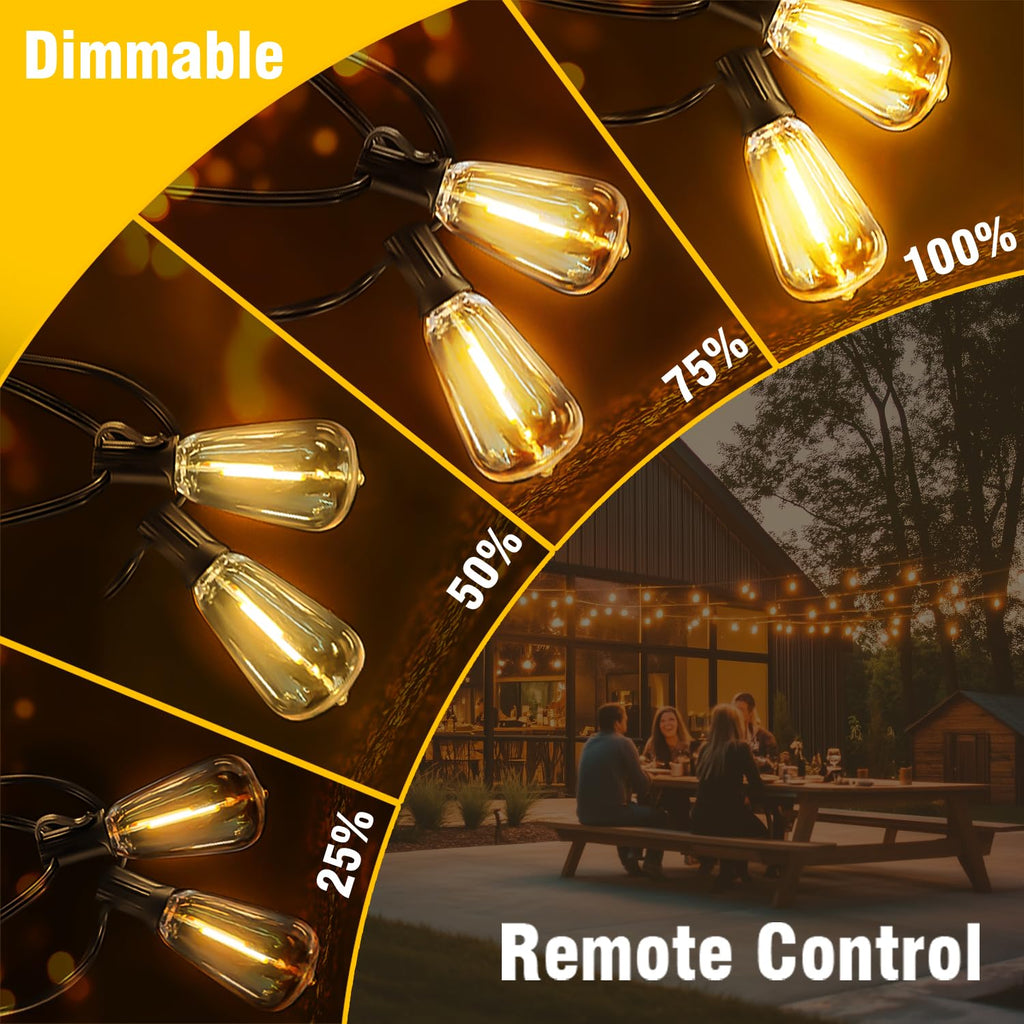 Skoiuc Solar String Lights Outdoor Waterproof Lights with Remote & Timer, LED Shatterproof ST38 Bulbs, USB & Solar Powered Patio Lights for Backyard, Porch, Garden, Wedding, Christmas Decor (50FT)