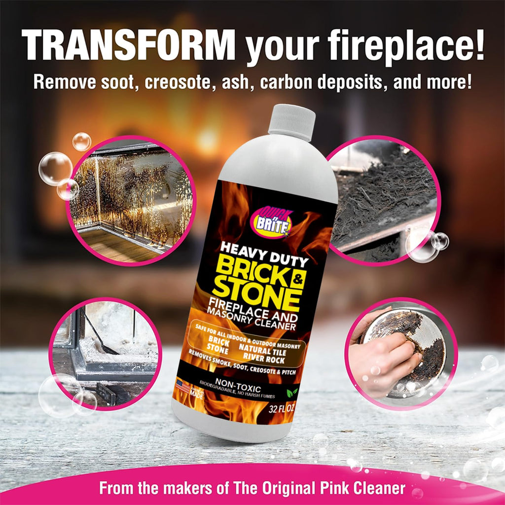 Quick'n Brite Fireplace Brick and Stone Cleaner 32oz with Scrub Brush - Natural Stone, Tile, and Marble Cleaner - Indoor Fireplace and Wood Stove Cleaning Kit - Pellet Stove Creosote Remover