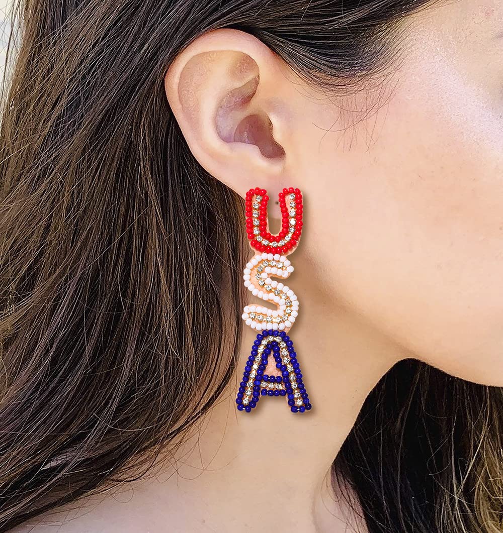 2 Pairs Fourth of July Earrings American Flag Patriotic Earrings for Women Beaded Star USA Tassel Drop Dangle Earrings 4th of July Independence Day Holiday Gifts