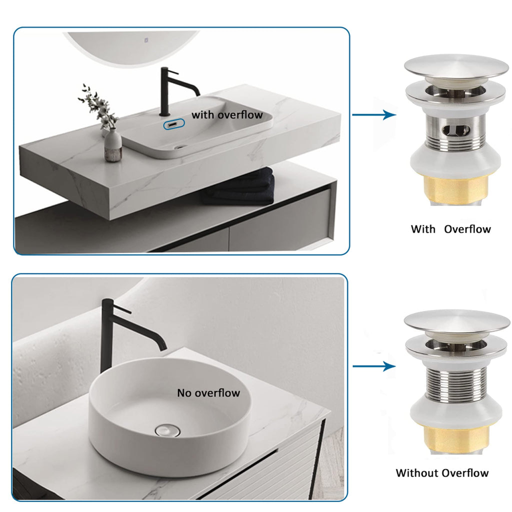 Rockgoya Bathroom Sink Drain,2 Pack Drain Stopper Bathroom Sink Without Overflow,Pop Up Drain Assembly with Detachable Strainer Basket,Built-in Anti-Clogging Strainer,Stainless Steel Brushed Nickel