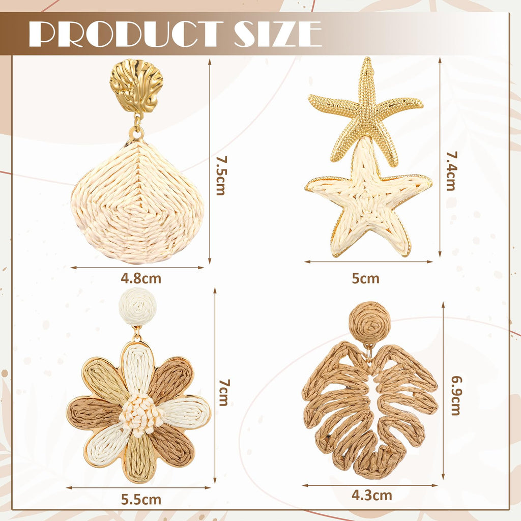 Nosiny 4 Pairs Rattan Earrings Beach Handmade Raffia Earrings Set for Women Bohemian Statement Earring Drop Dangle Summer Starfish Shell Monstera Daisy Flower Jewelry for Party Wedding Daily Travel