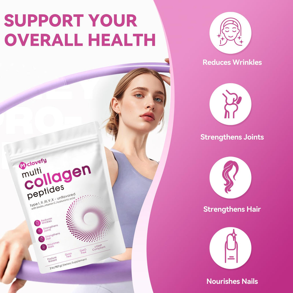 Mclovefy Multi Collagen Protein Powder, 2lbs-Unflavored, with Hyaluronic Acid & Vitamin C, Skin, Hair & Joint Support, 32 Oz