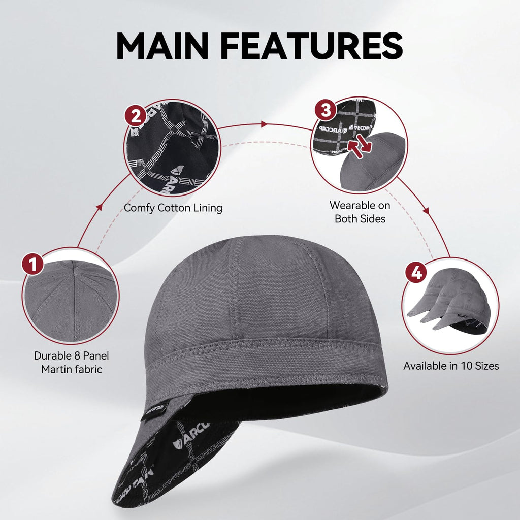 ARCCAPTAIN Reversible Welding Cap, 8 Panel Protective Welders Cap, 10 oz Fireproof Cotton Comforts for Safety and Protection While Welding to Men Women, Gray, 7 7/8