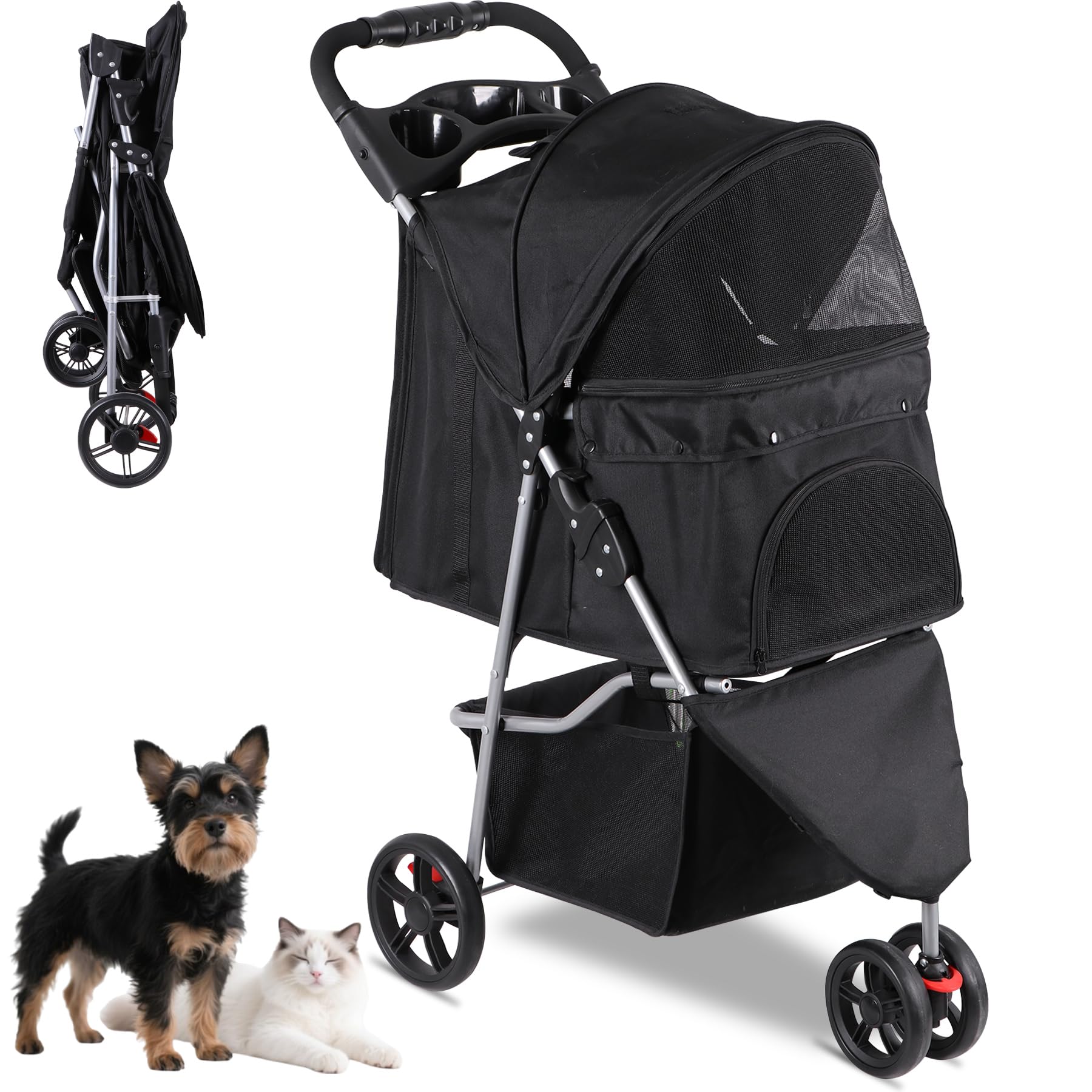 Foldable Pet Stroller for Cats and Dogs 3 Wheels Carrier Strolling Cart with Weather Cover, Storage Basket + Cup Holder (Black)
