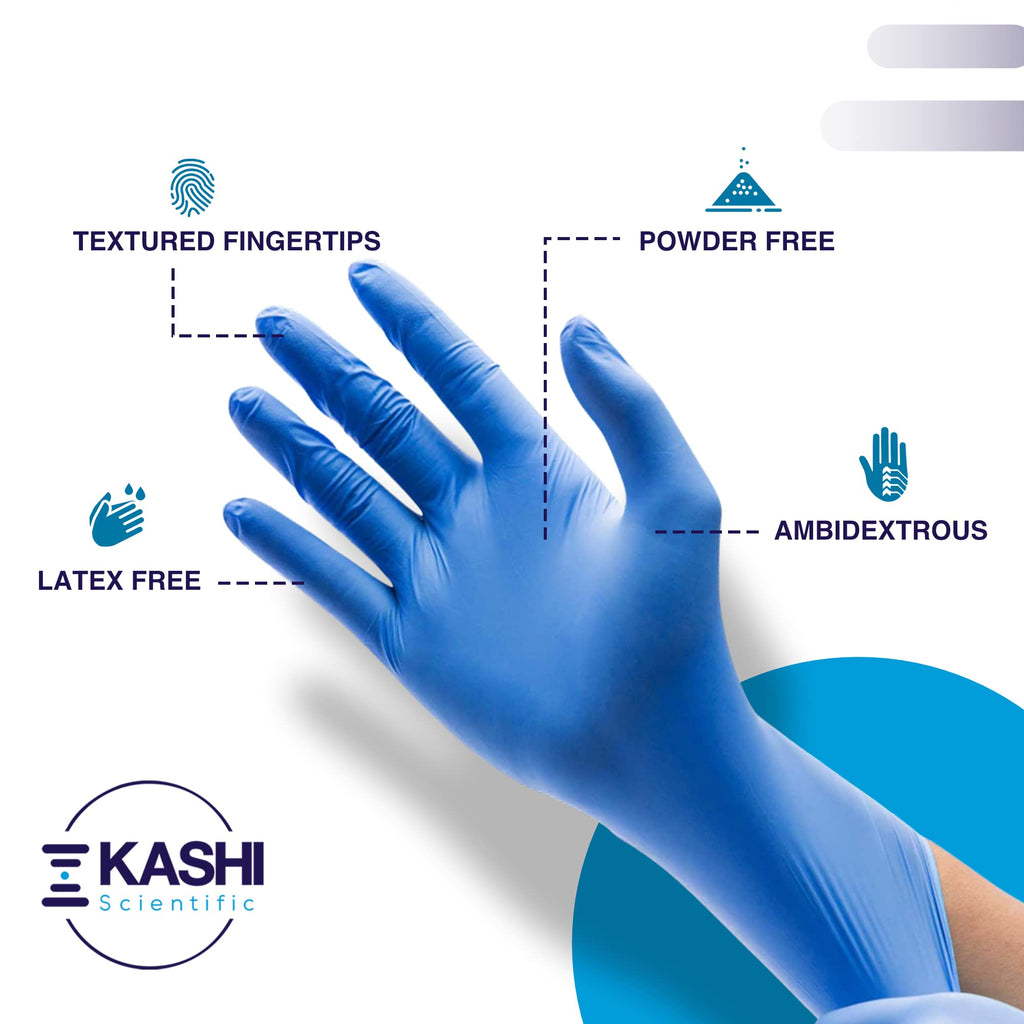 Kashi Scientific Medical Examination Nitrile Gloves - Medium - Powder-Free, Latex-Free, Finger Tip Textured Gloves, 4 mil Thick Blue Glove, Patient Safe, Food Safe - Box of 100 Nitrile Exam Gloves
