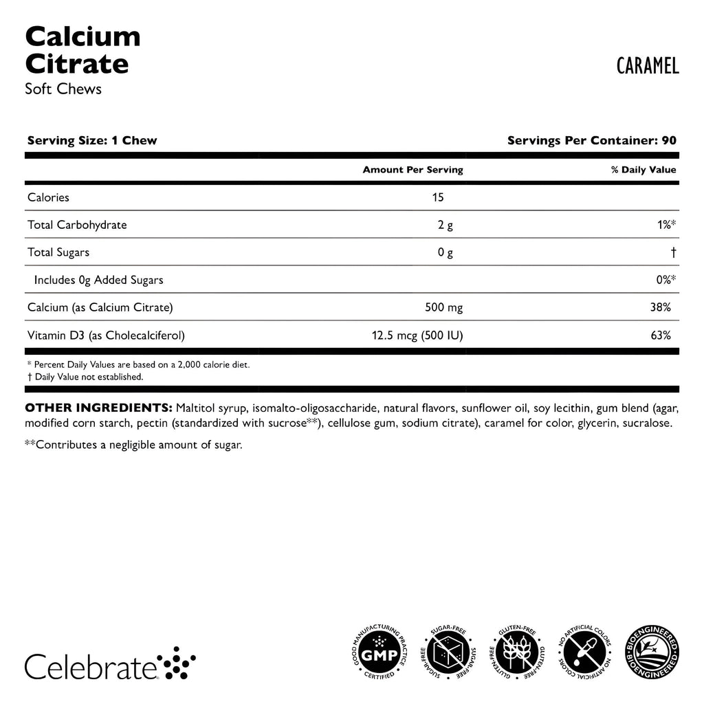 Celebrate Vitamins Bariatric 500mg Calcium Citrate Soft Chews with 500 IU Vitamin D3 – Essential for Gastric Bypass Patients & Bone Health - Sugar & Gluten Free, Caramel (90 Chews)