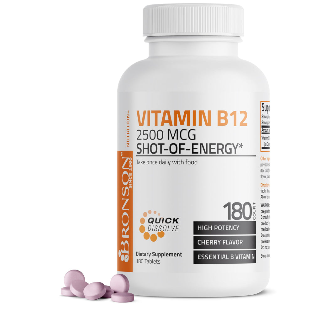 Vitamin B12 2500mcg Shot Of Energy Fast Dissolve Chewable Tablets - Quick Release Cherry Flavored Sublingual B12 Vitamin - Supports Nervous System, Healthy Brain Function Energy Production – 180 Count