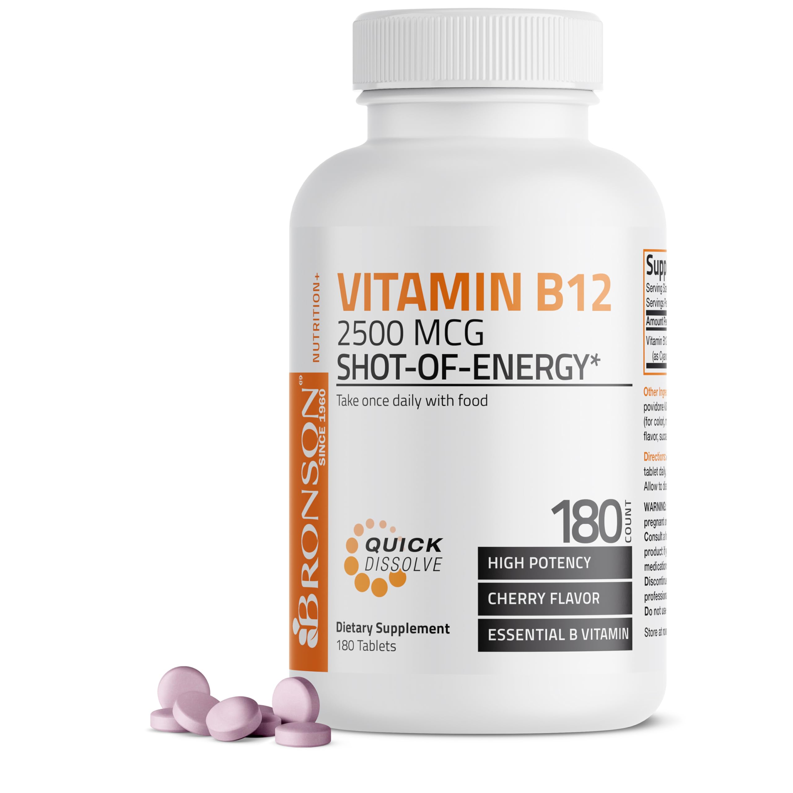 Vitamin B12 2500mcg Shot Of Energy Fast Dissolve Chewable Tablets - Quick Release Cherry Flavored Sublingual B12 Vitamin - Supports Nervous System, Healthy Brain Function Energy Production – 180 Count