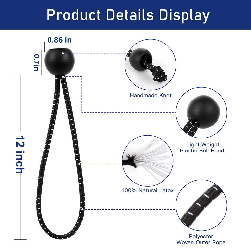 Bungee Balls 12 inch,50 pcs Tarp Bungee with Balls for Canopy, Camping Tarp, Shelter,Cargo,Tent Poles UV Resistant