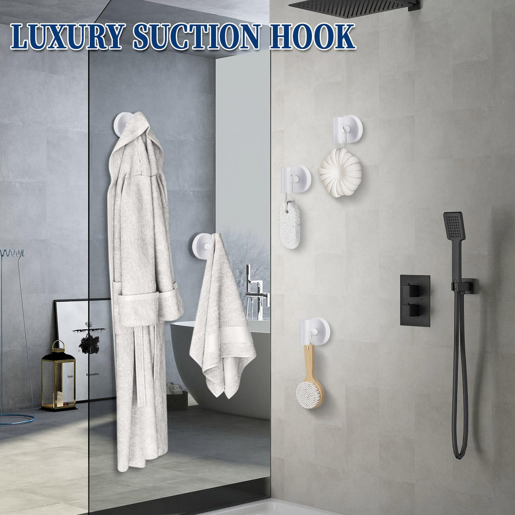 warlve Heavy Duty Reusable Suction Cup Hooks for Shower - No Drill Bathroom/Glass/Mirror/Tiles & Metal Surfaces,and Smooth Non-Porous Surfaces for Towels, Robes, Loofahs (4, White)