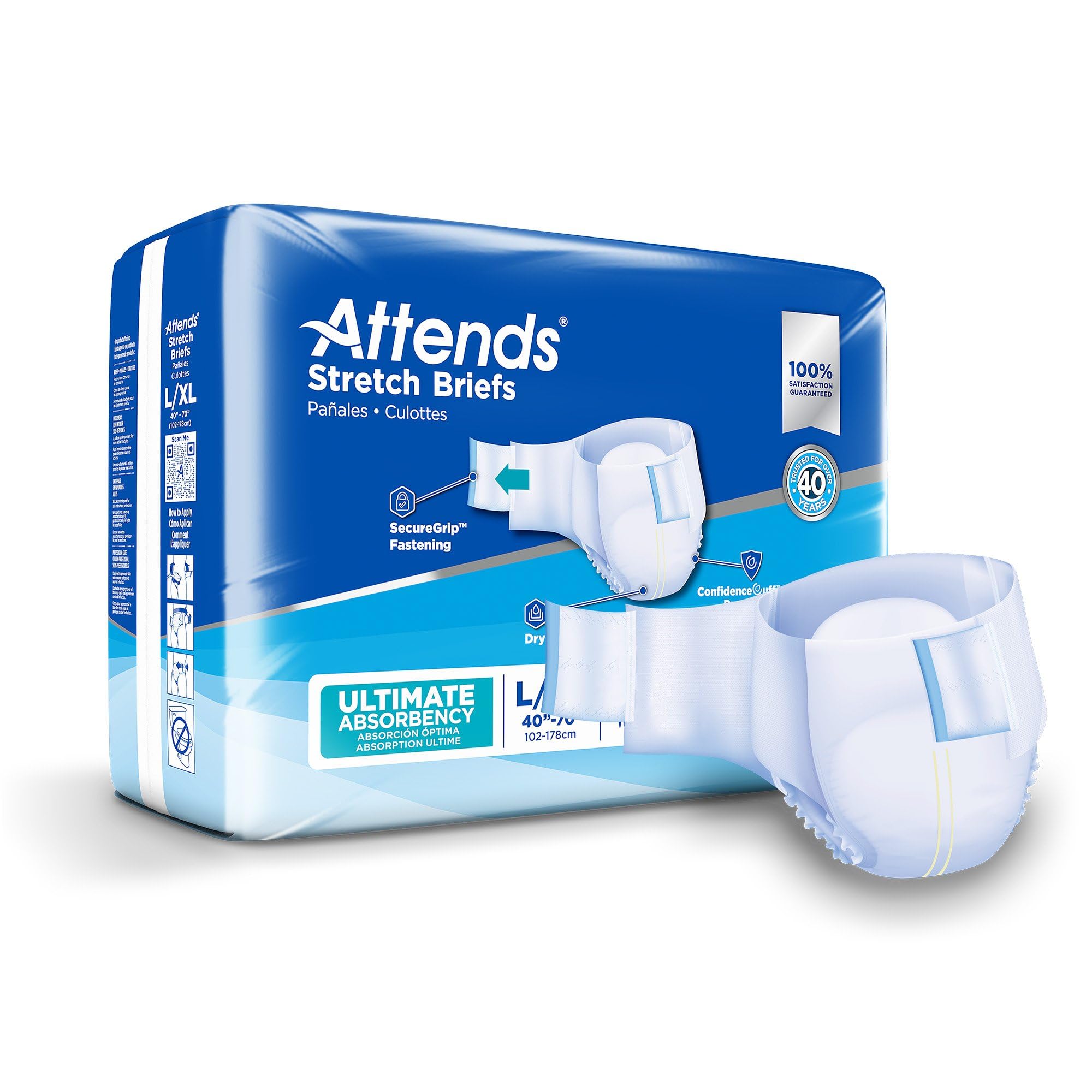 Attends Stretch Adult Disposable Briefs, Large/X-Large, 40"-70" Waist with Tab Closure, Ultimate Absorbency with Dry-Lock Containment Core, 96ct Case