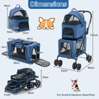 HAPPAWS Pet Stroller with Detachable Carriers, Adjustable Cat Stroller for Small & Medium Pets, 4-in-1 Cat Carriers with Safety Belt and Lockable Wheels, Navy Blue