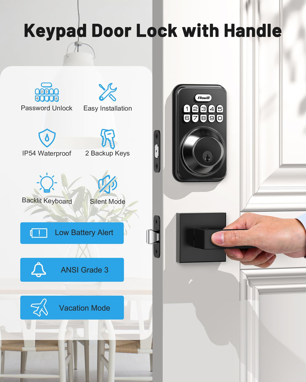 Zowill Keyless Entry Door Lock with 2 Lever Handles, Zowill Electronic Keypad Deadbolt, Auto-Locking, Anti-Peeping Password, Digital Code Door Lock, Front Door Handle Sets, Matte Black