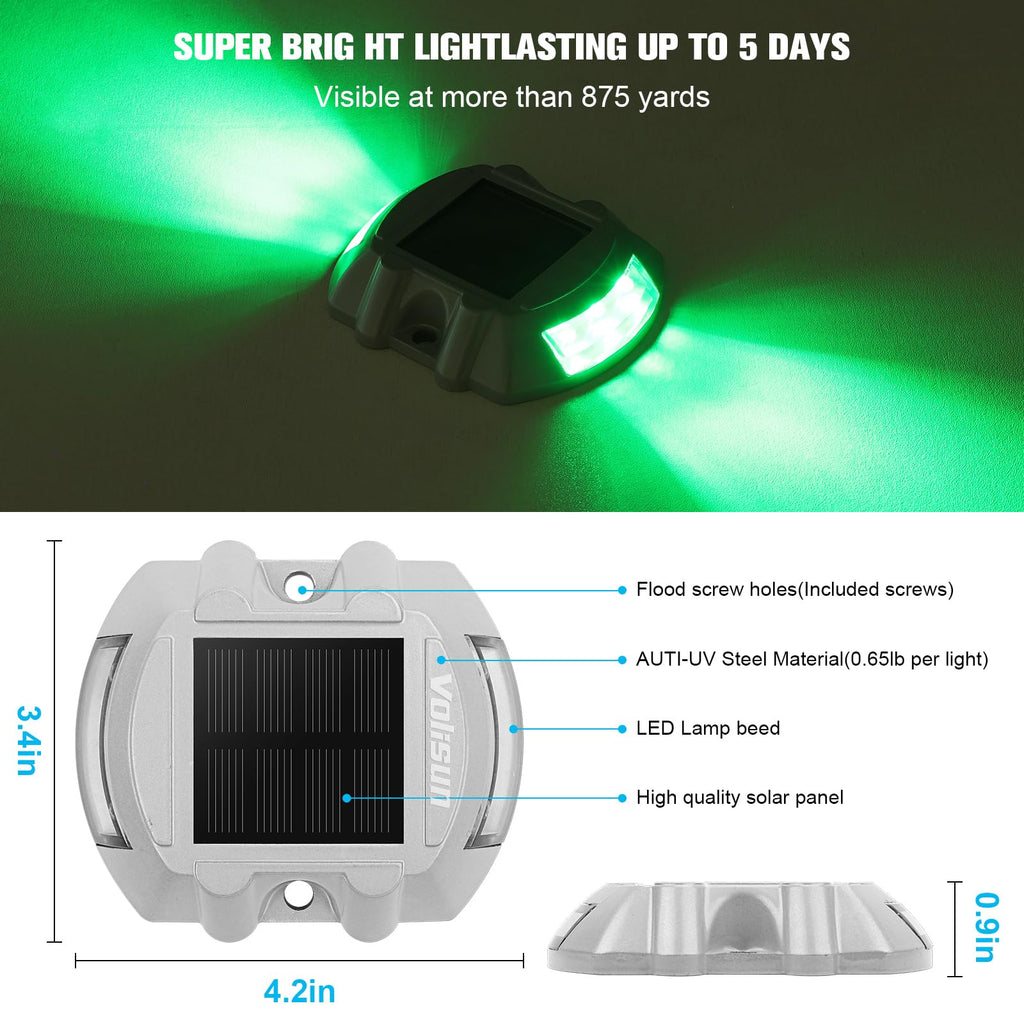VOLISUN Christmas Solar Deck Lights Driveway Dock Lights, 4-Pack Led IP68 Waterproof Outdoor Warning Step Light for Driveway Sidewalk Garden Pathway Yard(Green, Auto On/Off