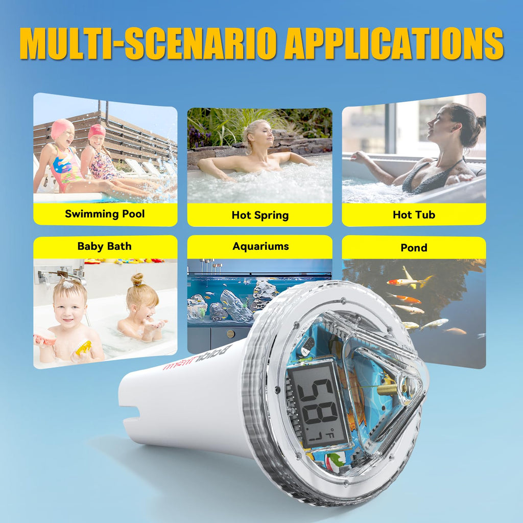 Pool Thermometer Digital Floating Easy Read, Anti-Fog 360° Reading with Indoor Temperature Humidity Monitor, IPX7 Water Temperature Monitor for Hot Tub/Ice Bath/Swimming Pool/SPA/Aquarium/Pond