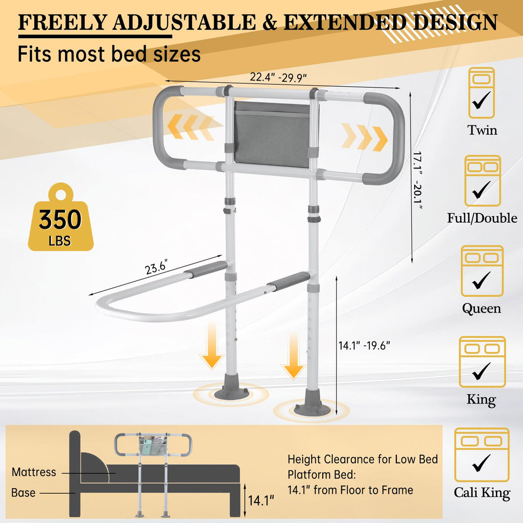 Yetulike Bed Rails for Elderly Adults Safety, Sturdy Beds Assist Rail for Seniors; Adjustable Beds Rail Stable Bed Cane Guard with Extended Handle Bar - Fit King Queen Full Twin Bed