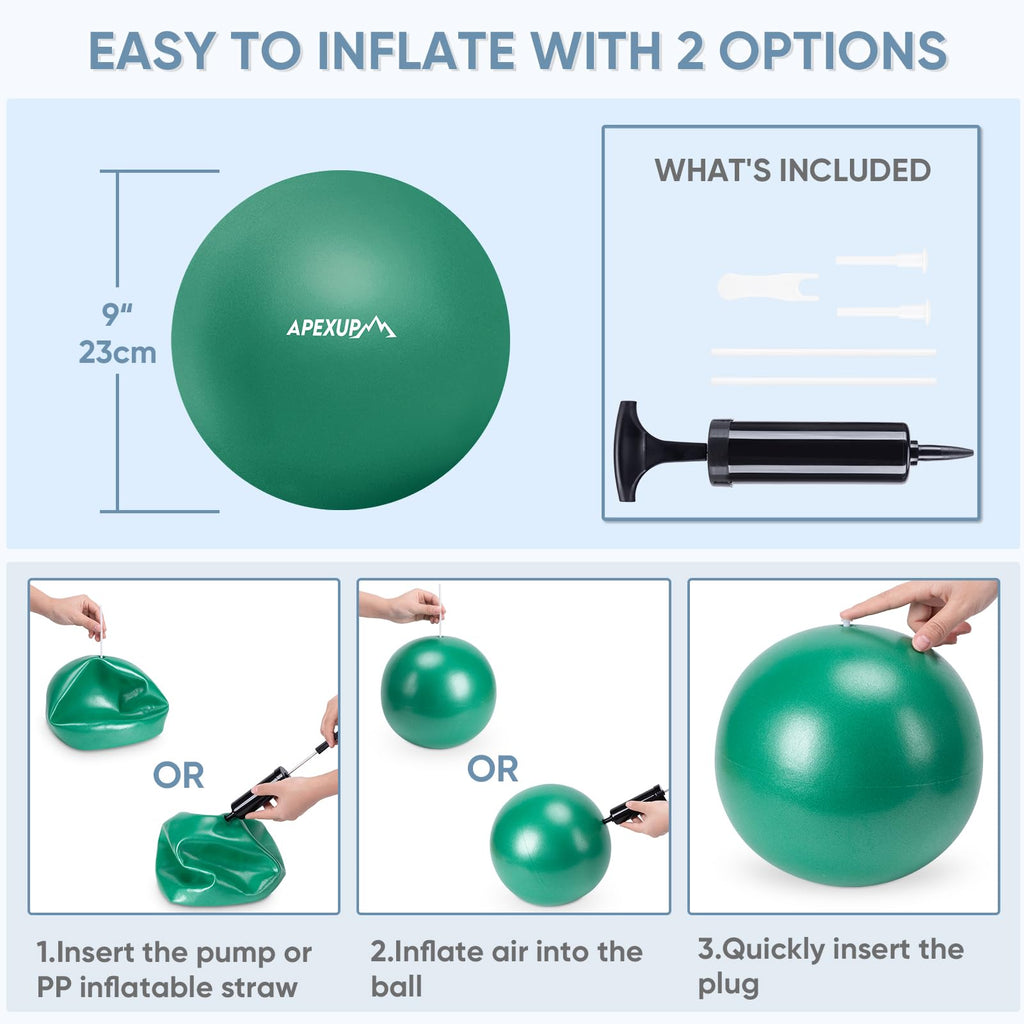 APEXUP Yoga Ball Exercise Ball, Heavy Duty Pilates Ball for Fitness, Balance, Core Workout, Physical Therapy (XXS (9") 23cm, Dark Green)
