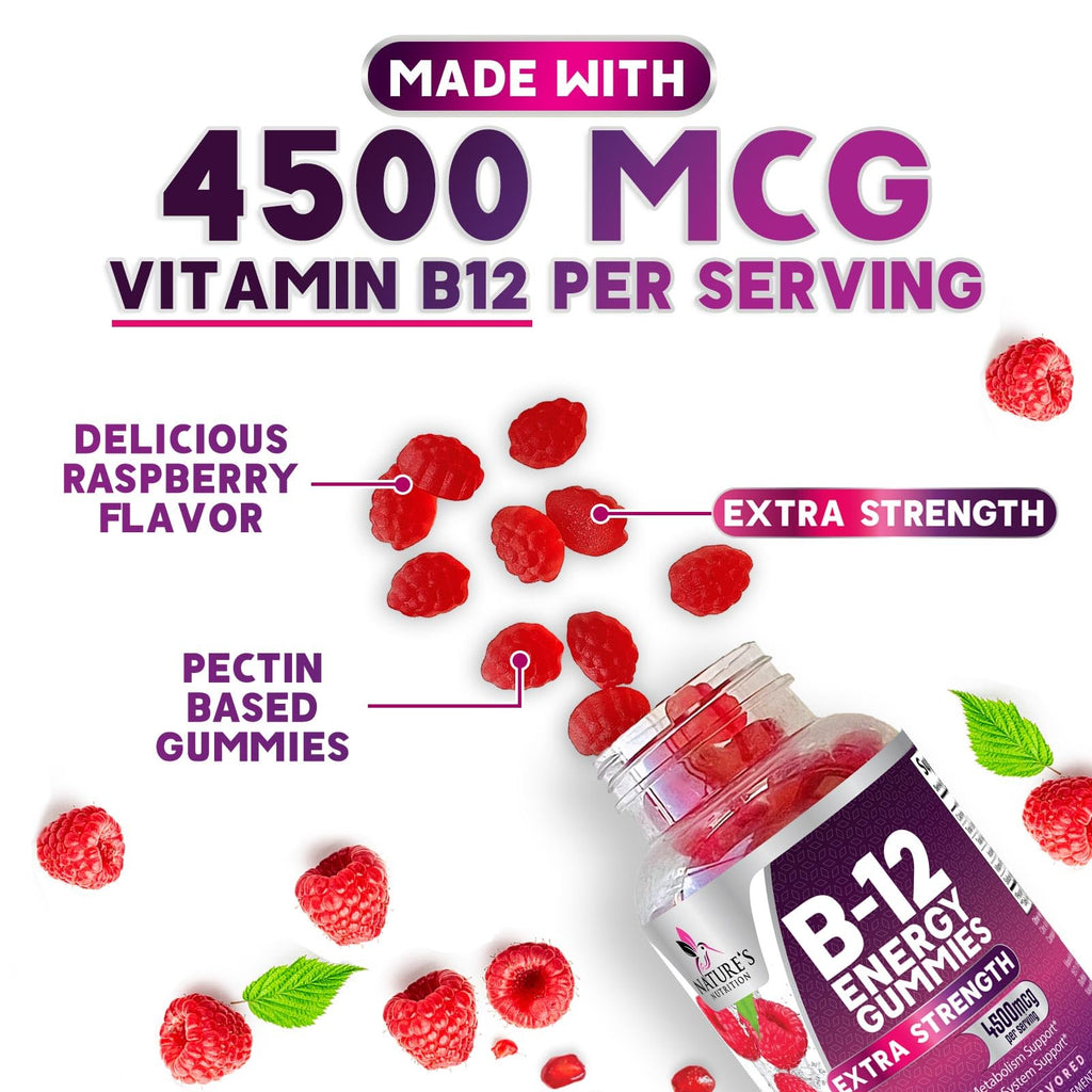 B12 Energy Gummies - 4500 mcg Per Serving Extra Strength Vitamin B12 Chewables - Dietary Supplement for Energy Metabolism & Immune Support - For Women, Men, & Kids - Natural, Berry Flavor - 120 Count
