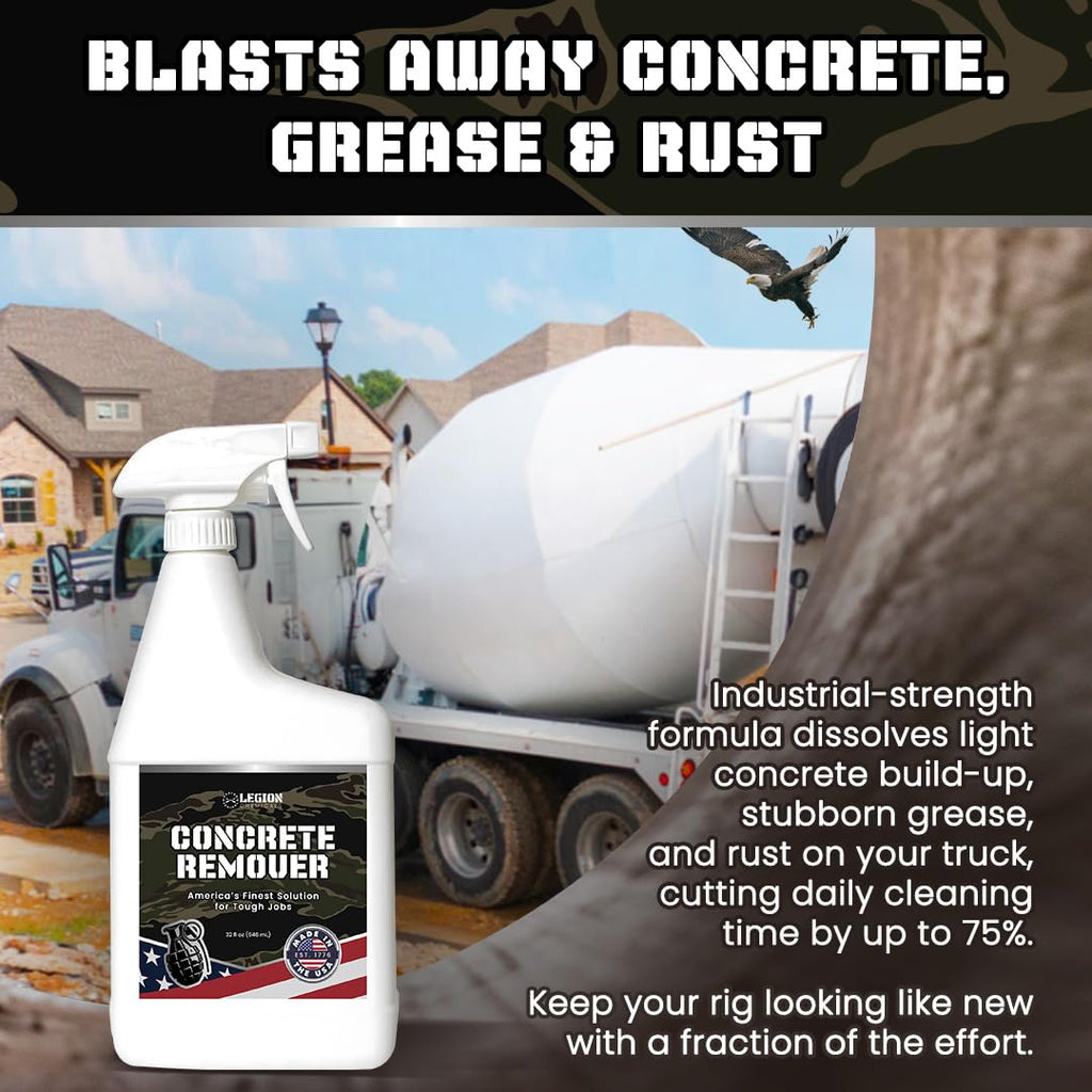 Legion Chemicals Heavy Concrete Remover – Dried Concrete & Cement Dissolver (Non-Corrosive, Biodegradable Acid Alternative), Safe on Equipment, 1-Quart Spray