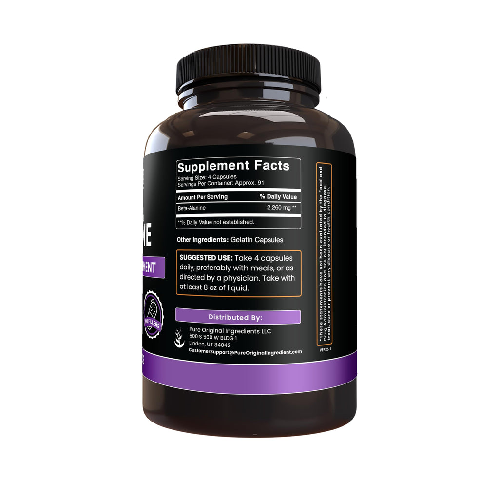 Pure Original Ingredients Beta Alanine, (365 Capsules) Always Pure, No Additives Or Fillers, Lab Verified
