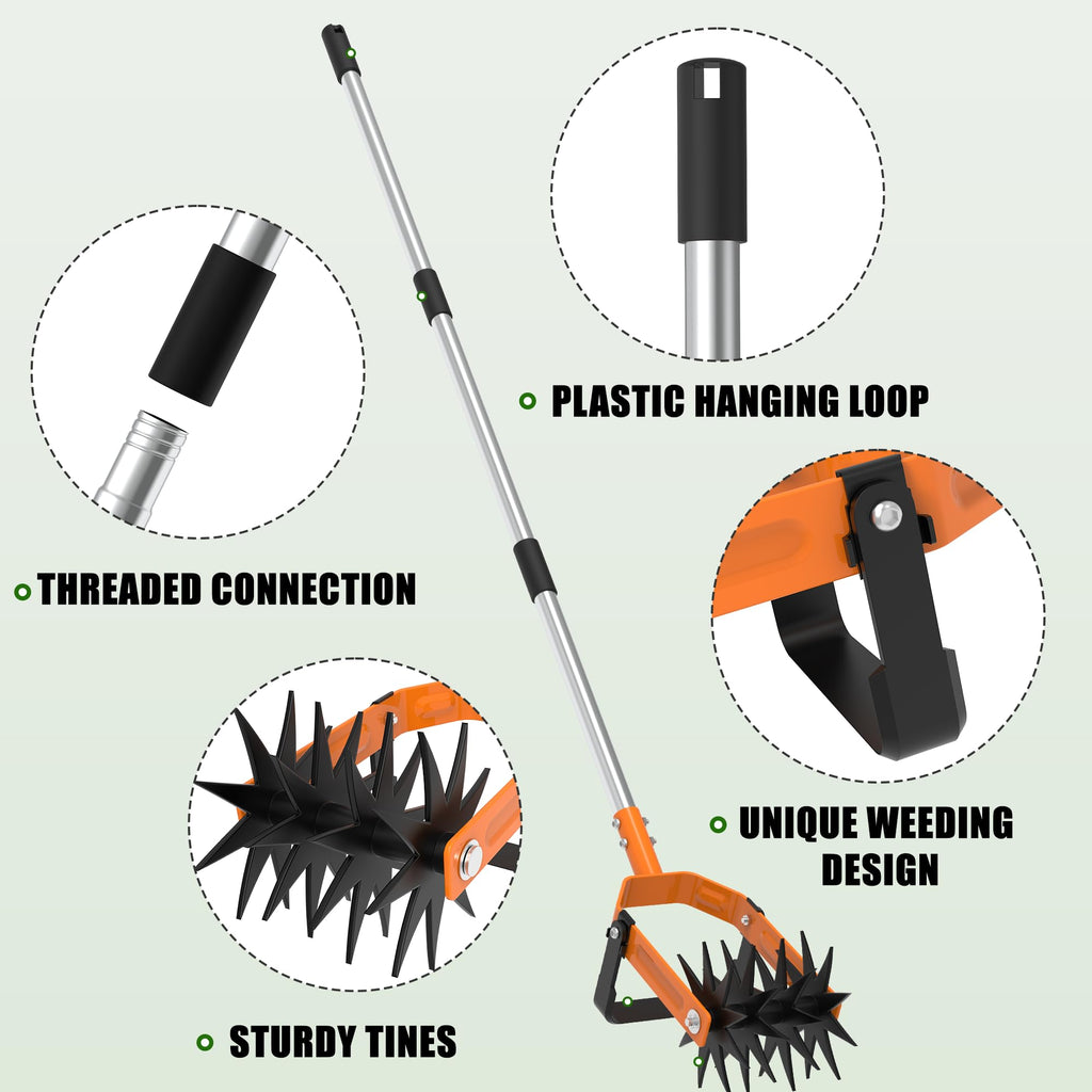 DwelSpire Rotary Cultivator - Long Handle Garden Cultivator with Adjustable Stainless Steel Pole, 2-in-1 Hand Tiller Garden Tool for Weeding, Soil Loosening, Aerating & Reseeding Grass