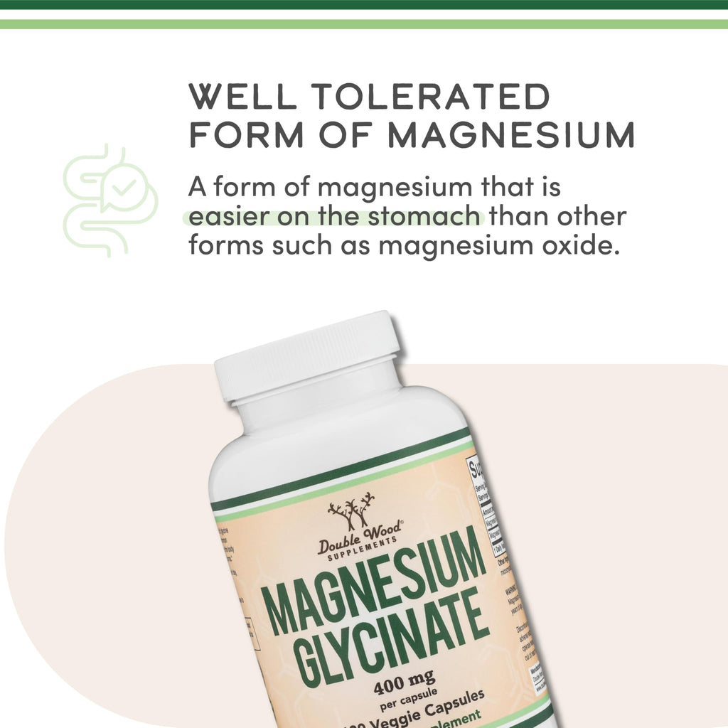 Magnesium Glycinate 400mg, 90 Capsules (Vegan Safe, Third Party Tested, Gluten Free, Non-GMO) High Absorption Magnesium by Double Wood Supplements