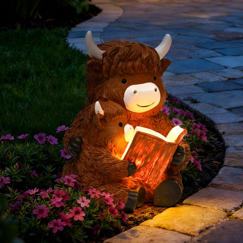 GIGALUMI Solar Highland Cow Decor Garden Statue, Cow Outdoor Ornament