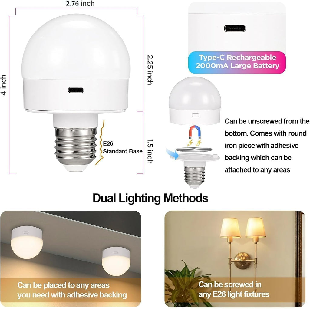 Rechargeable Battery Operated Light Bulb with Remote Control 4 Packs, 350LM Dimmable Detachable LED Bulb with 15 Colors Selectable & 3 Timer, Wireless Puck Light Bulb for Wall Sconce, Non-Hardwired
