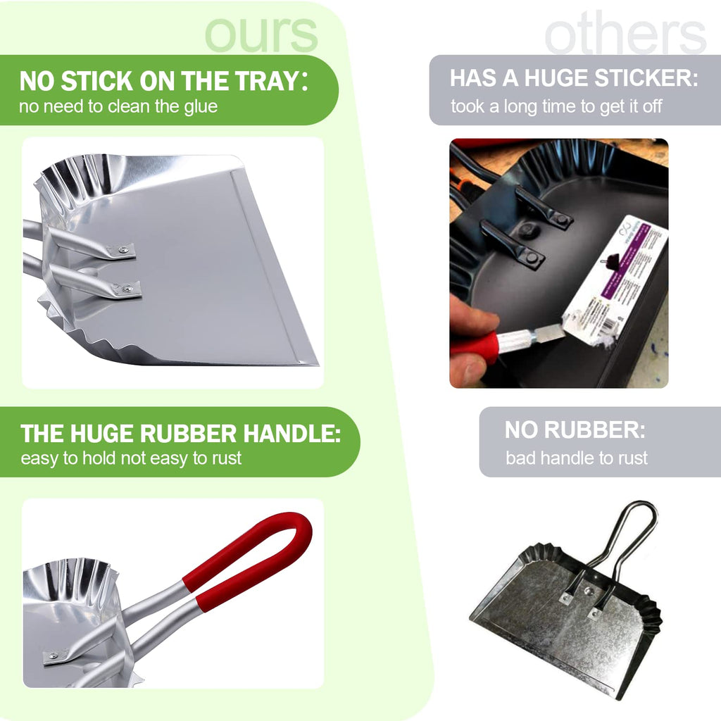 TOP DOG Metal Dustpan 17”, Aluminum Dust Pans Heavy Duty Does not Chip or Bend Sheet Metal Edge Flat Against Floor for Small Item Sweeping Rubber Coated Easy to Grasp Handle (2pcs)