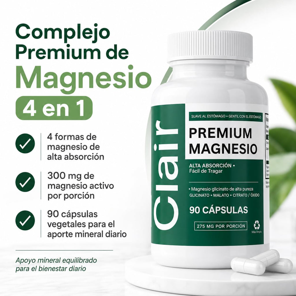 Clair Magnesio Premium, with B6 D3 Zinc – 4-in-1 Blend, Gentle on Stomach, Full Body Unwind – Muscle Relaxation + Digestive Comfort + Sleep Aid. (Glycinate, Malate, Citrate, Oxide) 90 Capsules
