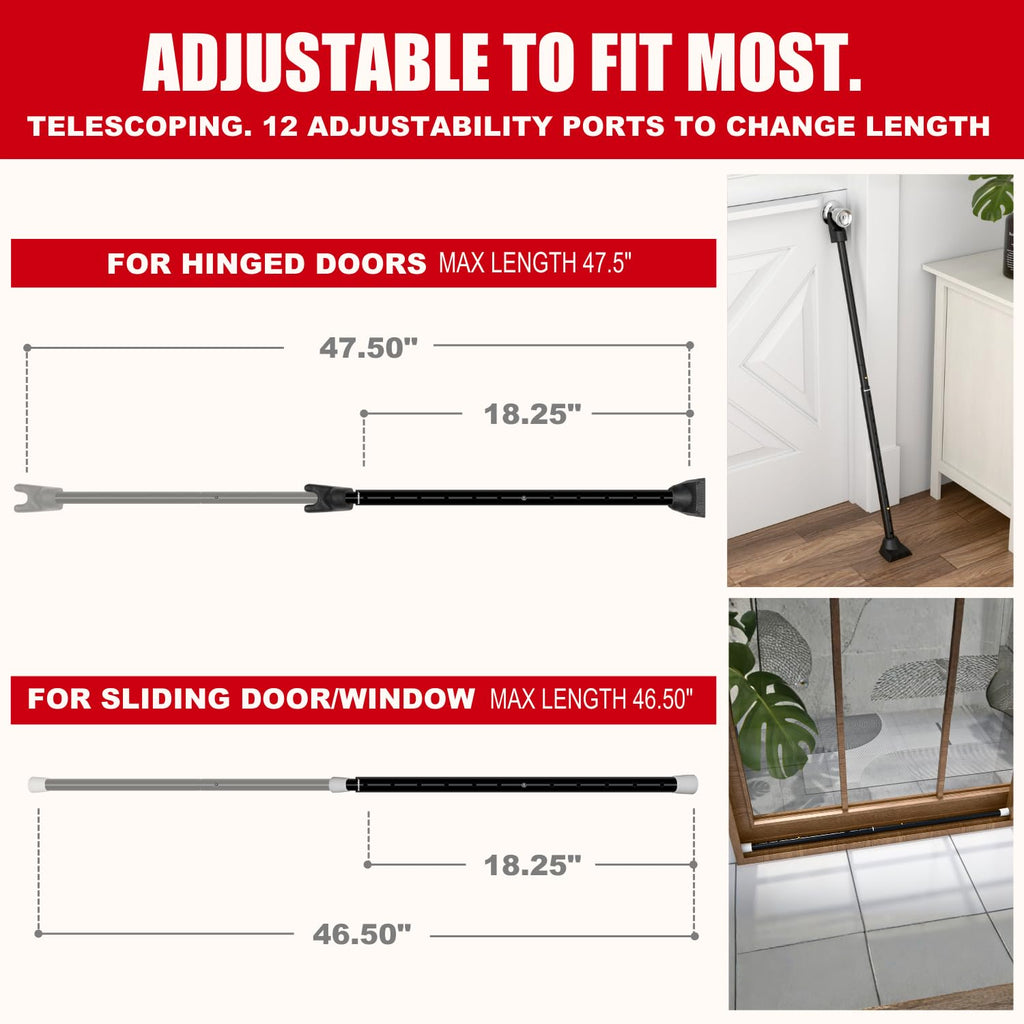 SECURITYMAN 3-in-1 Door Security Bar, Security Door Stoppers & Door Barricade – Heavy Duty Adjustable Iron Security Lock Bar for Home Defense, Apartment & Travel Safety (1 Pack - Black)