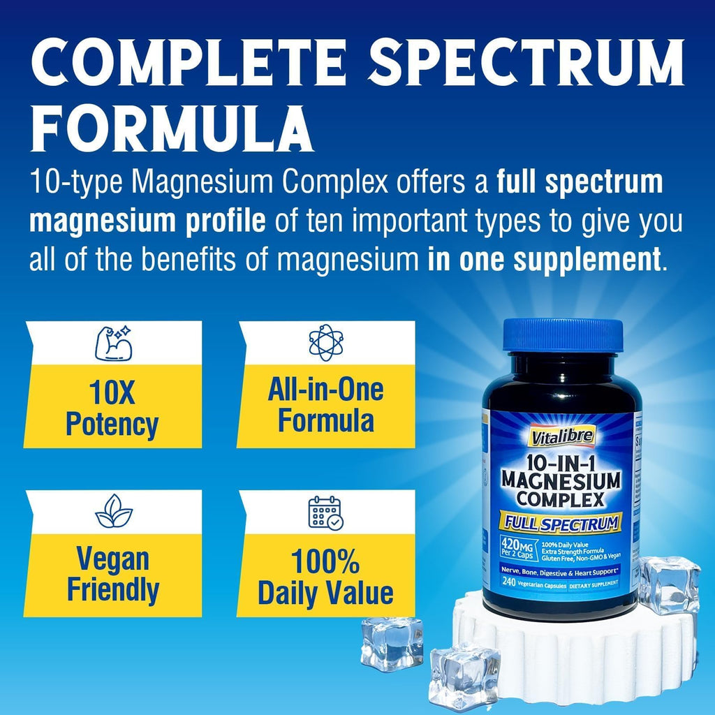 Vitalibre 10 in 1 Magnesium Complex, 420mg Elemental Magnesium | Ultra Strength, Max Absorption | Chelated Magnesium Supplement for Nerves, Bone & Heart Health | Non-GMO, 240 Vegan Capsules