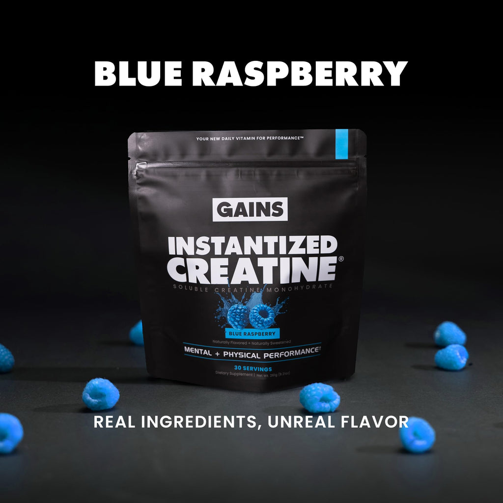 Gains in Bulk Instantized Creatine Monohydrate for Women and Men, Soluble Pre Workout Powder, Supports Muscle Building, Strength and Performance, Bodybuilding Supplements, Blue Raspberry, 30 Servings
