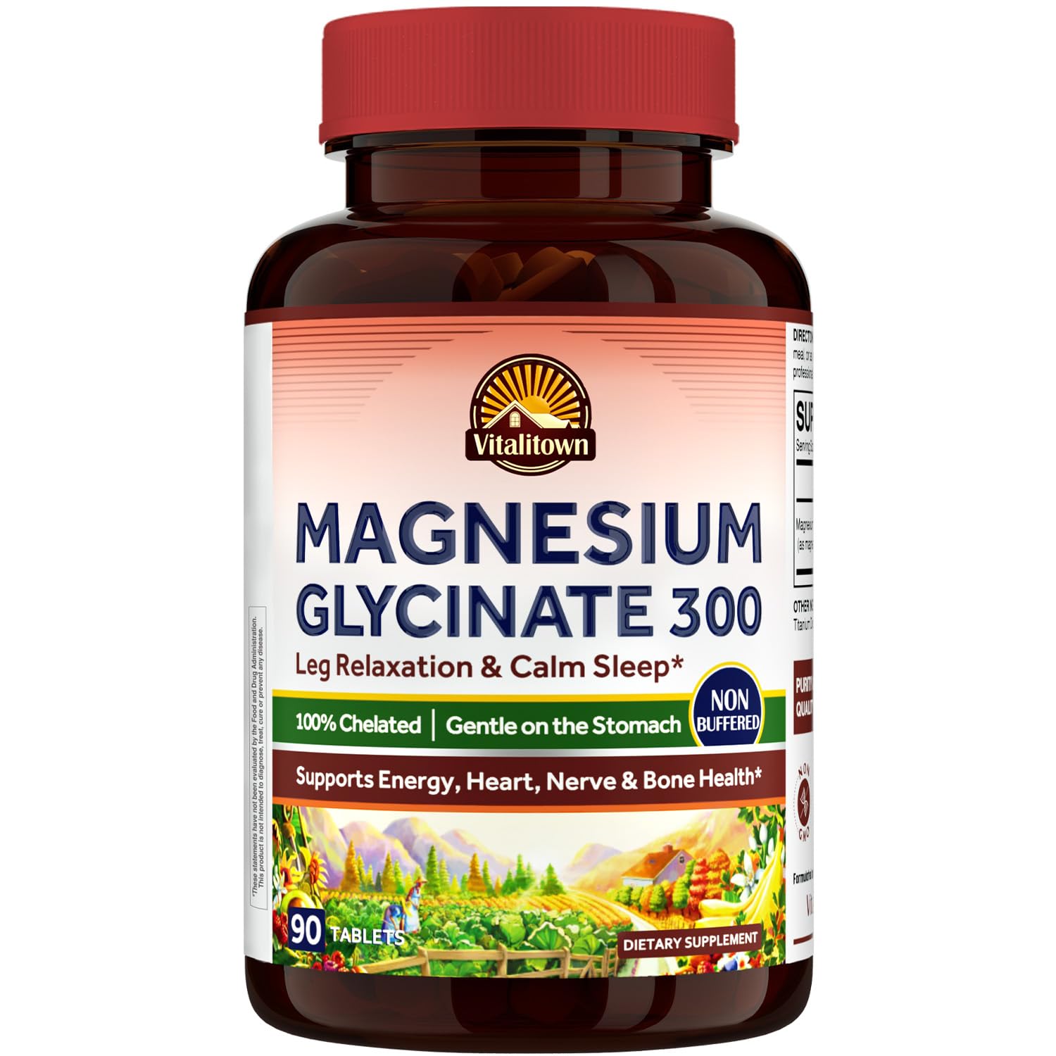 Vitalitown Magnesium Glycinate | Chelated, Non Buffered 300mg Elemental Magnesium | Most Bioavailable, Fully Reacted | Bone, Calm, Relaxation, Heart Health | 90 Tablets, Non-GMO
