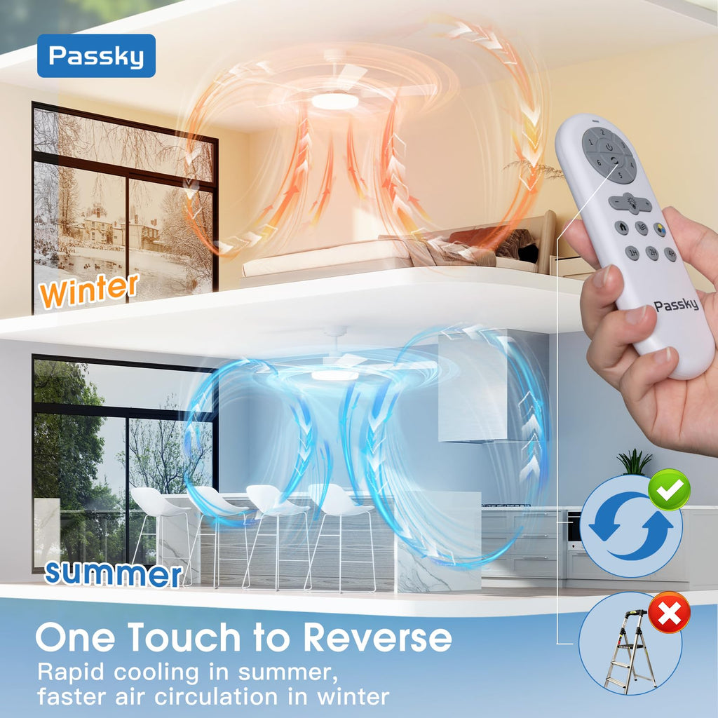 Passky Ceiling Fans with Lights, 52 inch Sleek Ceiling Fan with Light and Remote Control, 3CCT, Dimmable, Reversible, Noiseless, White Ceiling Fan for Bedroom, Living Room