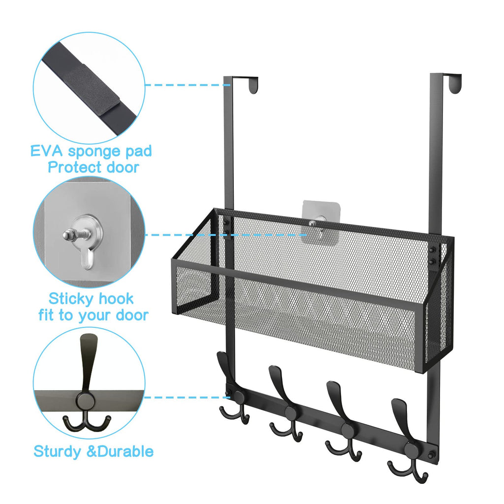 Kaiferty Over The Door Hooks Organizer, Coat Rack Over The Door Storage Hanger Towel Rack, Back of Door Storage Organizer for Bathroom,Bedroom,Kitchen,Office (Black, 2-Tier)
