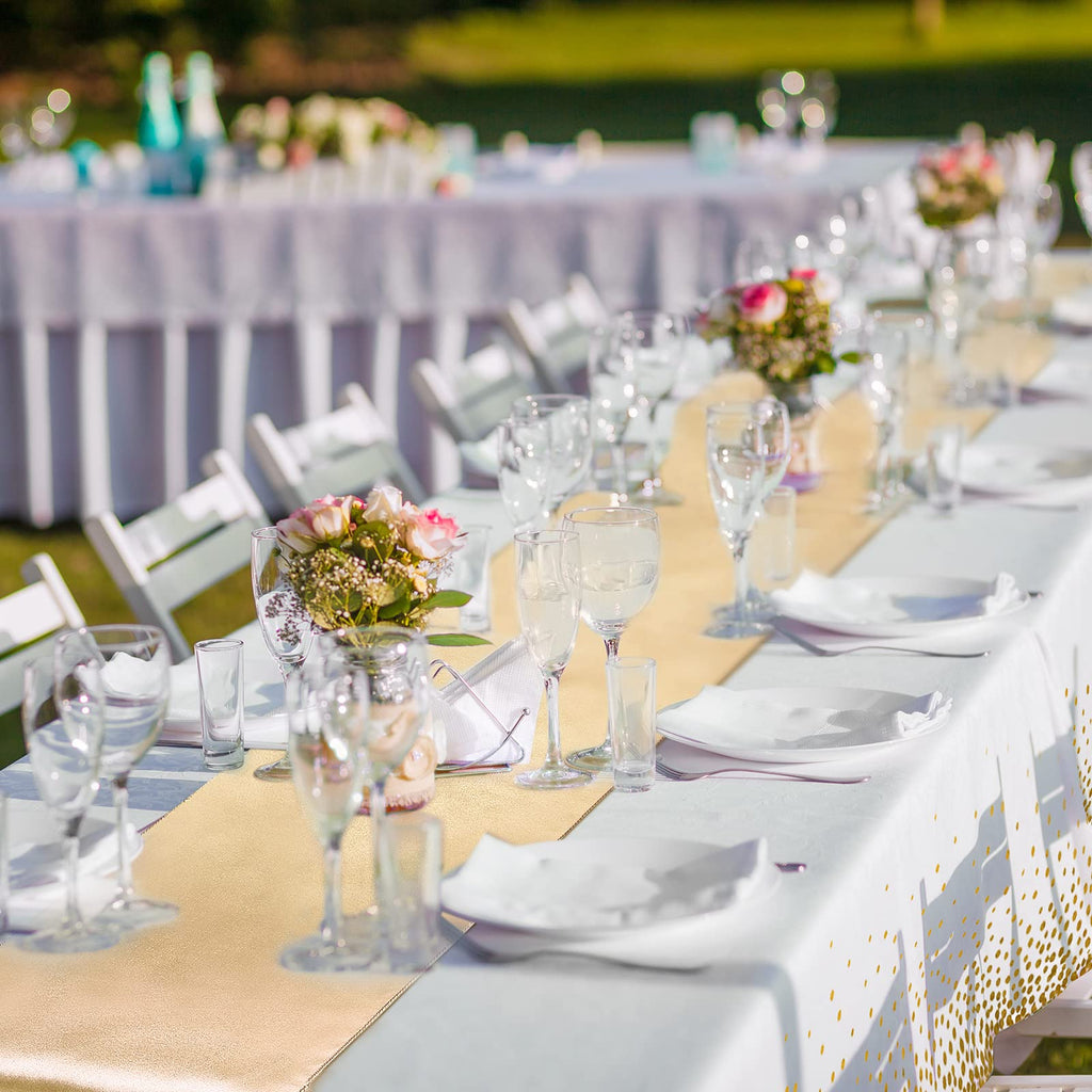 Breling 8 Pack White and Gold Tablecloths and Satin Runners Set