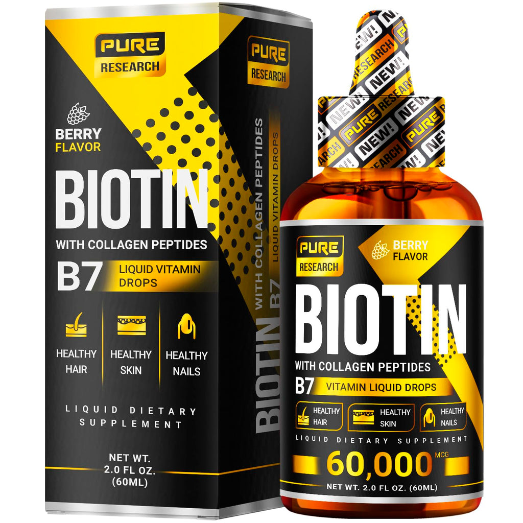 Liquid Biotin & Collagen Hair Growth Drops 60,000mcg - Biotin and Liquid Collagen Supplement for Men & Women - Glowing Skin Support, Healthy Hair & Nail Growth - 2oz