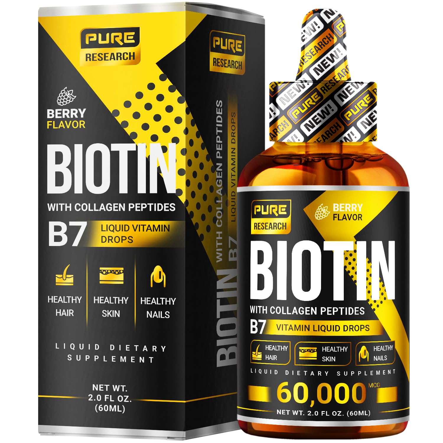 Liquid Biotin & Collagen Hair Growth Drops 60,000mcg - Biotin and Liquid Collagen Supplement for Men & Women - Glowing Skin Support, Healthy Hair & Nail Growth - 2oz