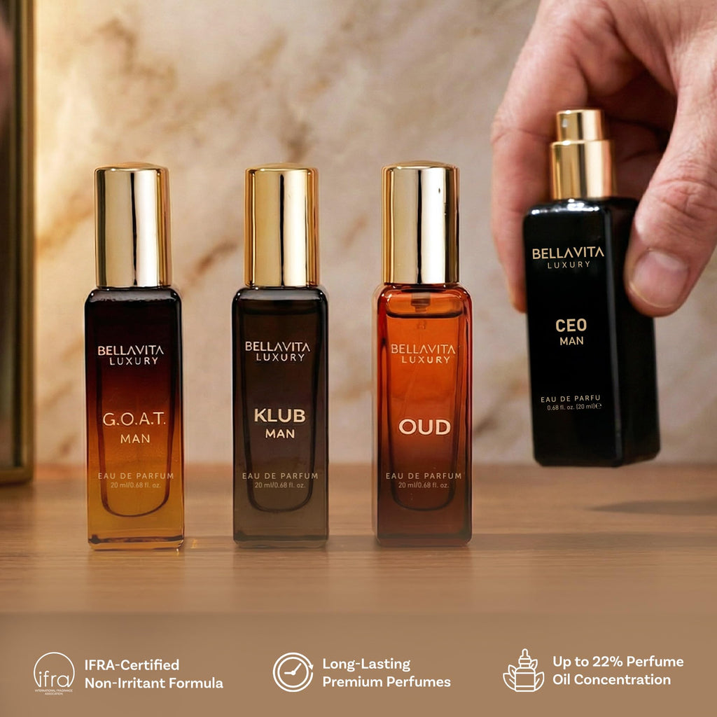 BellaVita Luxury Men's Perfume Gift Set with CEO Man, G.O.A.T., KLUB & OUD | 4 x 20ml (80ml) | Long Lasting Perfume for Men | Citrus, Woody, Patchouli & Caramel Notes