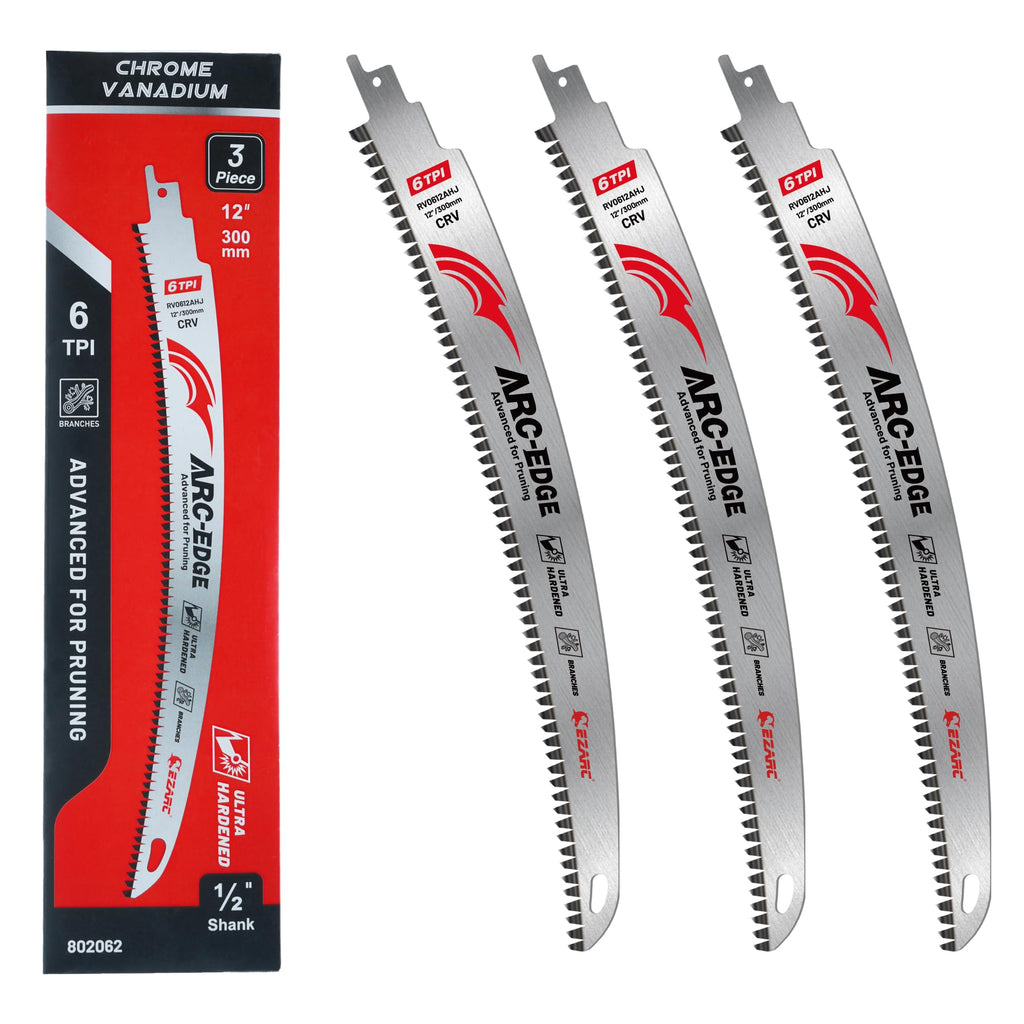 EZARC Japanese Teeth Reciprocating Saw Blades 12 Inch, Arc Edge Wood Pruning Saw Blades 6TPI for Tree Trimming, Wood Cutting, 3 Pieces