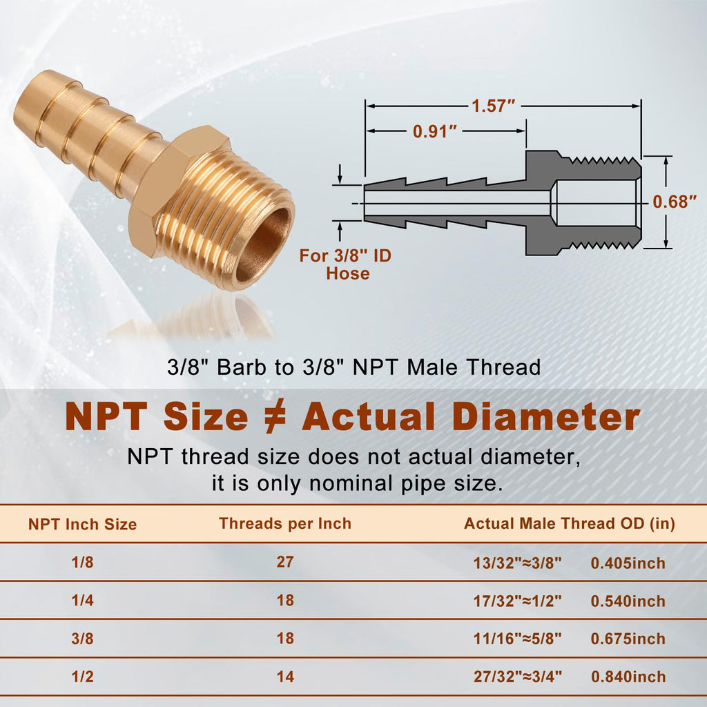 5PCS 3/8" Barb x 3/8" NPT Male Brass Hose Barb Fitting, Air Line Adapter
