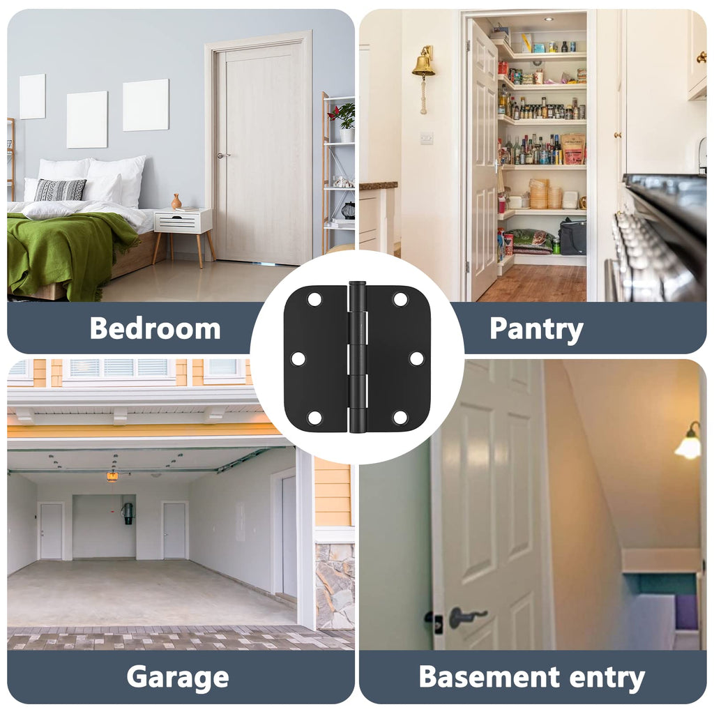 HOSOM 30 Pack Rounded Matte Black Door Hinges 3.5 x 3.5 inch with 5/8 Radius, Black 3 1/2 Interior Door Hinges, 3 ½"x 3 ½" Hardware