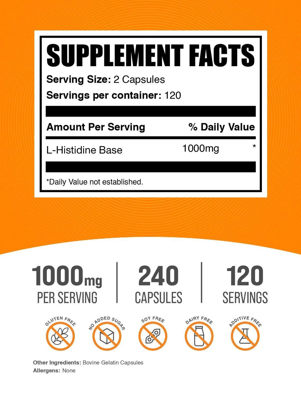 BulkSupplements.com L-Histidine Capsules - as L-Histidine Base, Essential Amino Acid Supplement - Gluten Free, 2 Capsules per Serving, 240 Count (Pack of 1)
