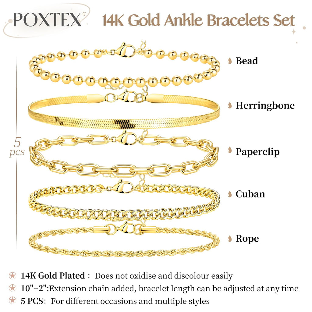 Poxtex Extra Large Anklets for Women Large Ankle, 14K Real Gold Dainty Anklets for Women Waterproof, 10"+2" Adjustable Large Ankle Bracelets for Women Plus Size, Ankle Bracelets for Women Trendy,