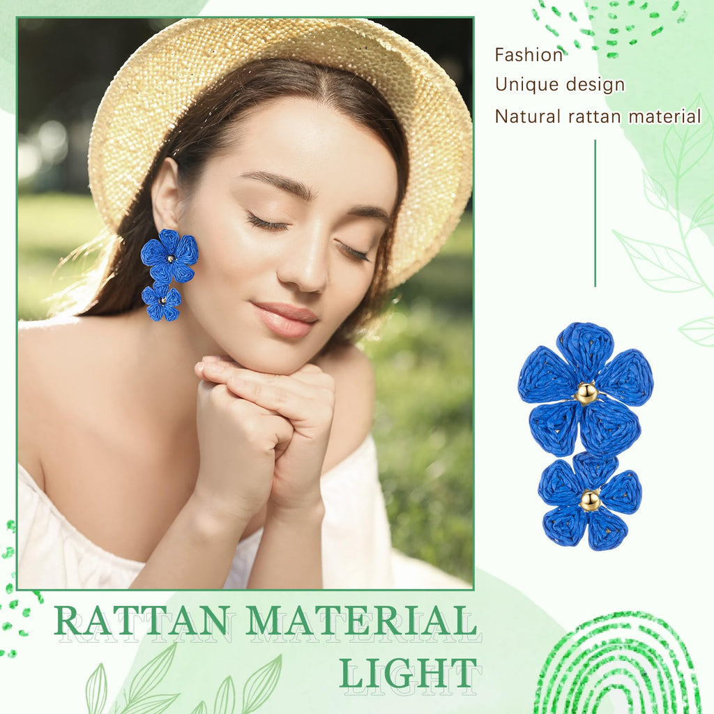 Meekoo 4 Pairs Handmade Boho Rattan Earrings for Women,Colorful