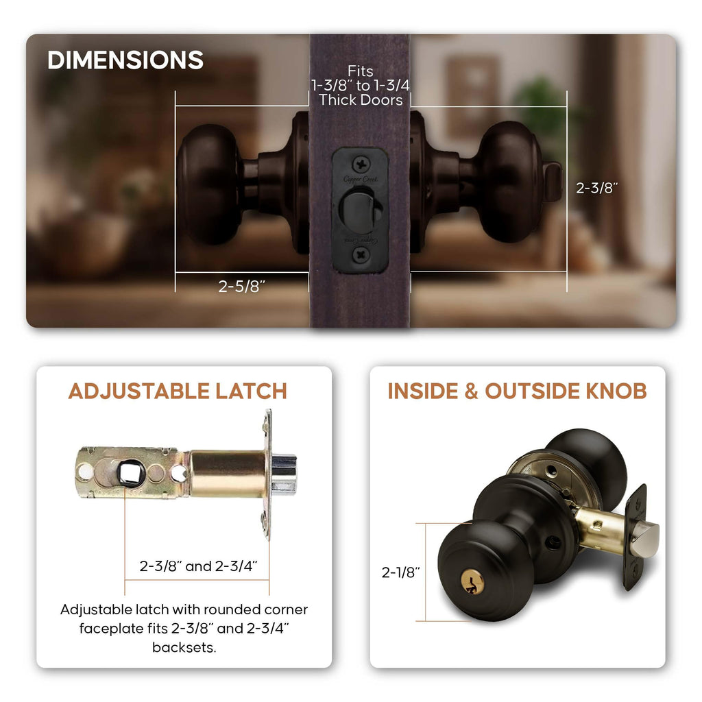 Copper Creek Colonial Entry Door Knob – Keyed Entry Handle with Lock and Key, ANSI Grade-3 Certified, DIY-Friendly Install for Interior and Exterior Entrance Doors – Tuscan Bronze (1 Pack)