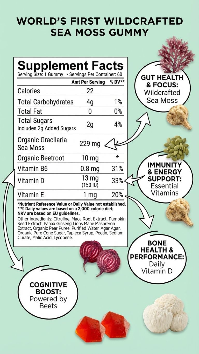 BDE Wildcrafted Sea Moss Gummy Maca Root, Beets, Lions Mane Mushroom, Vitamin D + E - Vegan Collagen, Zinc, Immunity & Detox, Gut Health - 60 Count