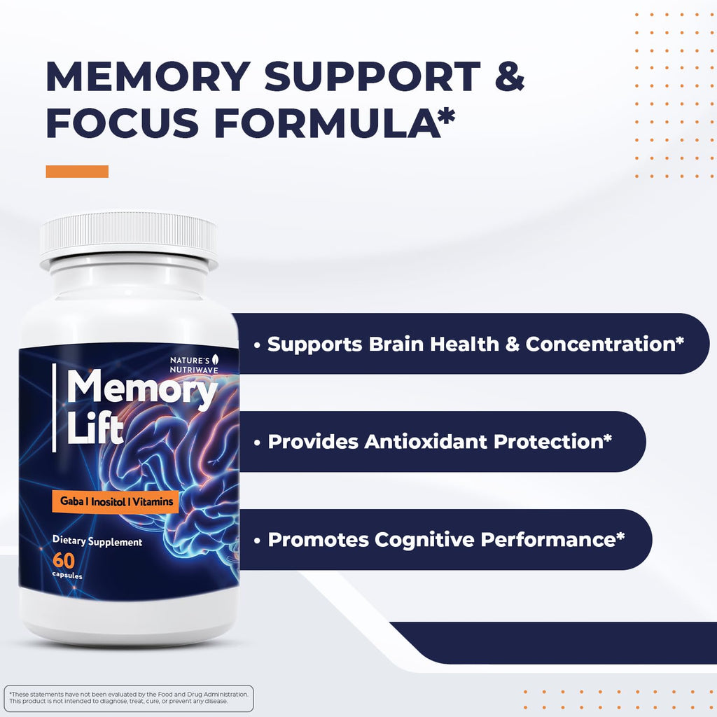 Memory Lift Capsules – Natural Daily Supplement with Vitamins A, C, D, E, B-Complex, Biotin & Choline – Made in USA, GMP-Certified, Non-GMO, Vegetarian – 60 Capsules, 6 Month Supply