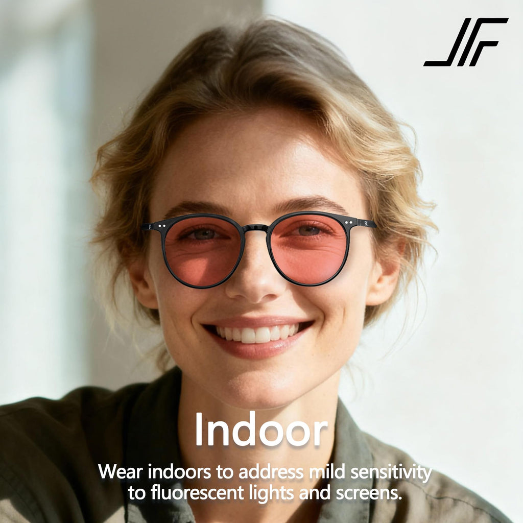 JFXQDR 2 Pack Indoor Fluorescent-41 Pink & Outdoor Fluorescent-60 Brown Round Tinted Blue Light Blocking Glasses for Migraine, Light Sensitivity, Photophobia & LED Gaming Computer Screen Glare RF6213